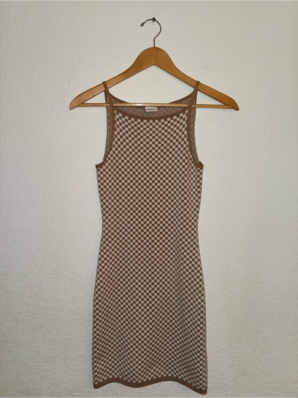 Abercrombie & Fitch Brown and Cream Checkerboard Knit Slip Dress
